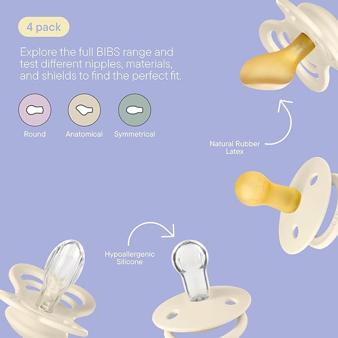 BIBS Try-It Collection | 4-Pack Soothers | BPA-Free Round, Anatomical & Symmetrical Nipple | Natural Rubber Latex/Silicone | Made in Denmark | 6-18 Months | Ivory