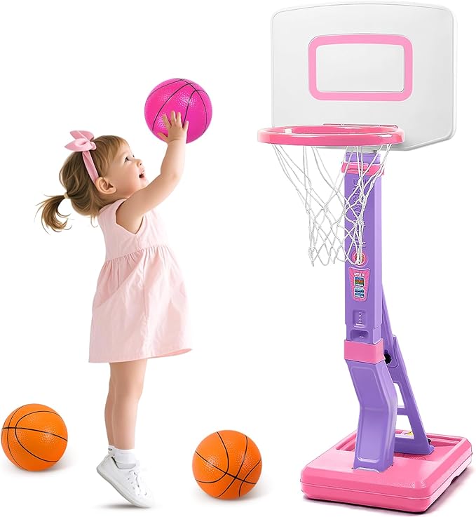 SUPER JOY Toddler Pink Basketball Hoop for Kids 1-3,2-4 5 Years Old, Adjustable Mini Hoop Set for Indoor Outdoor Play, Portable Basketball Goal Sports Toys for Little Boys Girls Birthday Gifts