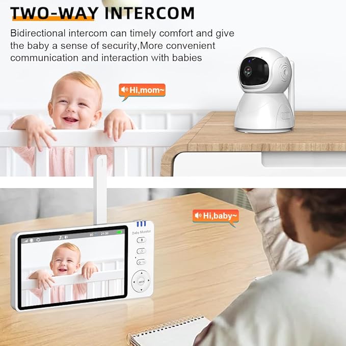 5" Video Baby Monitor with Camera and Audio, 720P HD Wireless No WiFi No App, 2-Way Talk,Voice Motion Detection, 8 Lullabies, 1000ft Long Range, Night Vision, Temperature & Feeding Alarm, 355° PTZ
