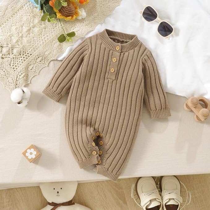 Neiwech Baby Boy Girl Romper Newborn Infant Knit Striped Solid Long Sleeve One Piece Jumpsuit Clothes