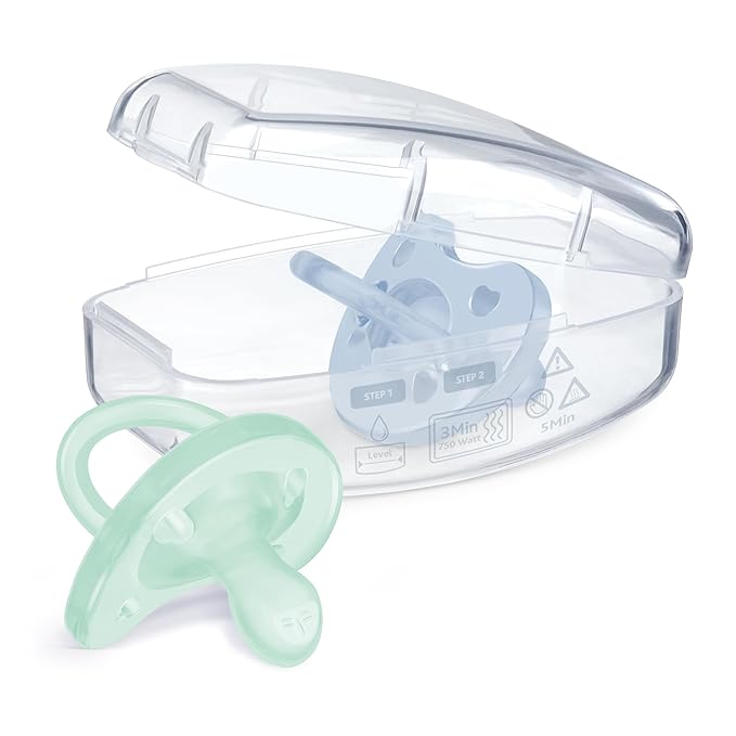 Chicco PhysioForma Silicone Orthodontic Pacifier, 0-6m | 100% Soft Silicone | Supports Breathing & Oral Development | Satin-Textured Nipple | Includes Sterilizing Case | BPA Free | Blue/Green, 2pk