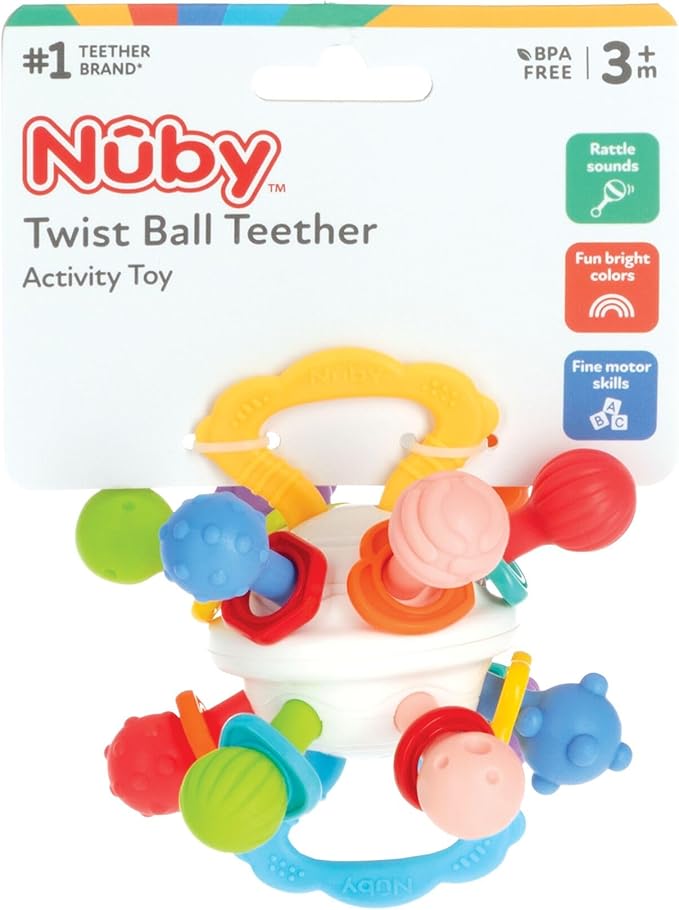 Nuby Twist Ball Teether Activity Toy with Rattle and Fun Bright Colors - Montessori Sensory Toy Develops Fine Motor Skills - 3 + Months