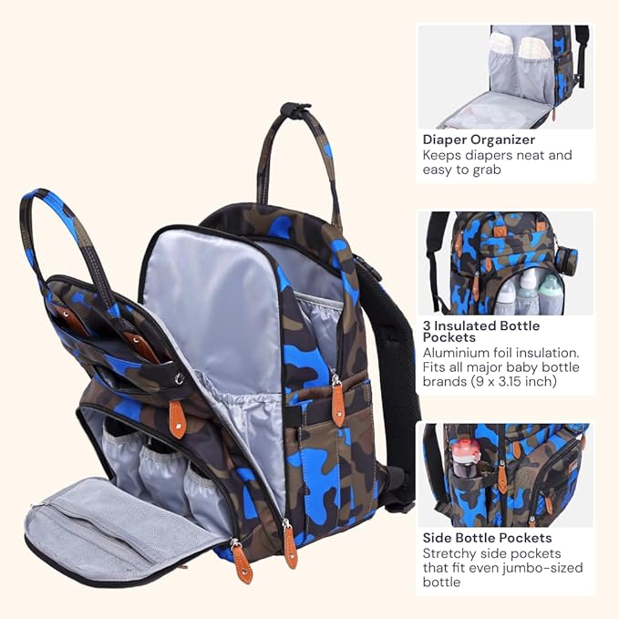 BabbleRoo Diaper Bag Backpack - Baby Essentials Travel Tote - Multi Function Water Resistant Diaper Bag, Travel Essentials Baby Bag with Changing Pad, Stroller Straps & Pacifier Case - Blue Camo