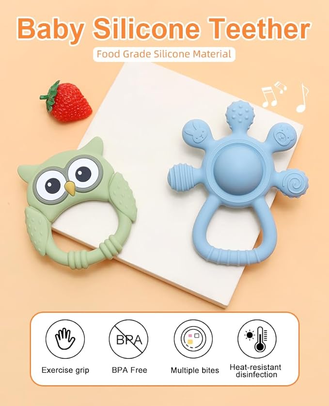 Baby Teether and Rattle Toy Set, BPA-Free, Food-Grade Silicone, Easy-Grip Teething Rattle for Babies, Soothing Teething Toy, Infant Sensory Toy for 3-24 Months (Owl)