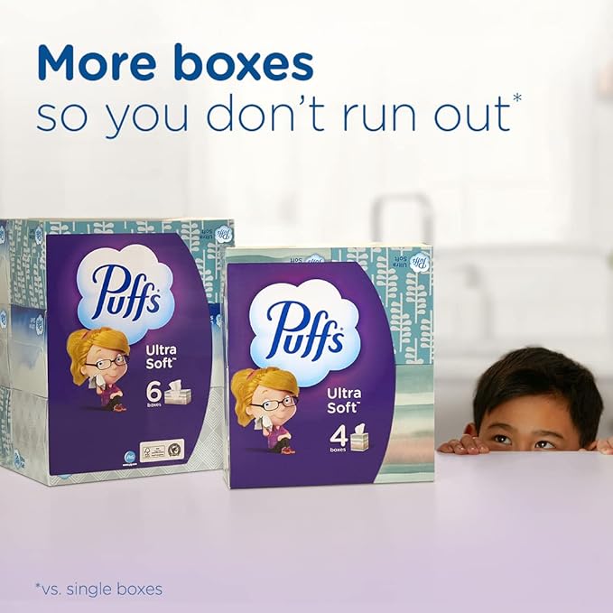 Puffs Ultra Soft Facial Tissues, 1 Family Size Box, 124 Facial Tissues Per Box (Pack of 4)