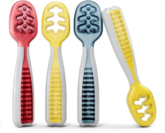 NumNum Baby Spoons Set, Baby Essentials Pre-Spoon GOOtensils for 6+ Months, First Stage Self-Feeding Spoons for Baby Led Weaning (BLW), Silicone Toddler Utensils, BPA-Free, 4 Pack Primary Colors