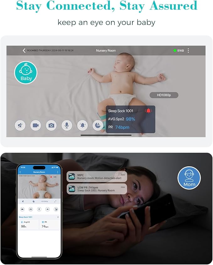 Babytone Baby Monitor - Smart Sleep Sock & 2.5K HD Camera, Track Heart Rate and Movement, Cry/Motion Detect, Two-Way Audio and Night Vision Baby Monitor with APP