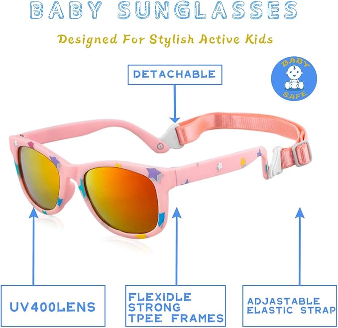 MAXJULI Baby Infant Sunglasses Safe, Soft, With Adjustable Strap 0-24 Months BPA Free 7002