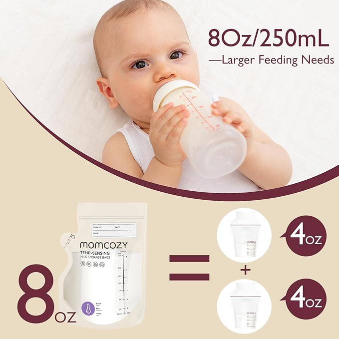 Momcozy Breastmilk Storage Bag, 8Oz, Temp-Sensing Color Change, 200 Count Milk Storage Bags Breastmilk with Pour Spout, Milk Bag with Self Standing for Breastfeeding, No Leak Presterilized for Freezer