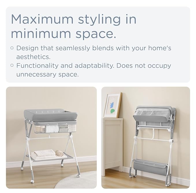 KUB Portable Baby Changing Table, Foldable Diaper Changing Table with Wheels for Nursery, Toddler Changing Table with Adjustable Height, Portable Changing Table for Newborn, Infant Grey