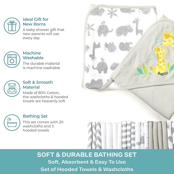 Spasilk Bath Hooded Towels & Washcloths Set for Babies, 23-Piece Gift Set, Grey, (Gift GBA23 0501)