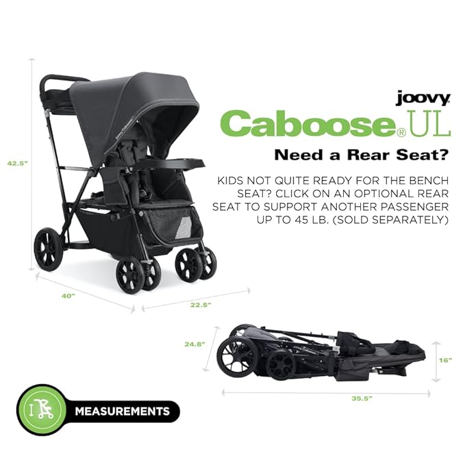 Joovy Caboose UL Sit and Stand Double Stroller with Bench Seat and Standing Platform, Plentiful Storage, Auto-Lock Quick-Fold, and Extended Sun Canopy, Jet