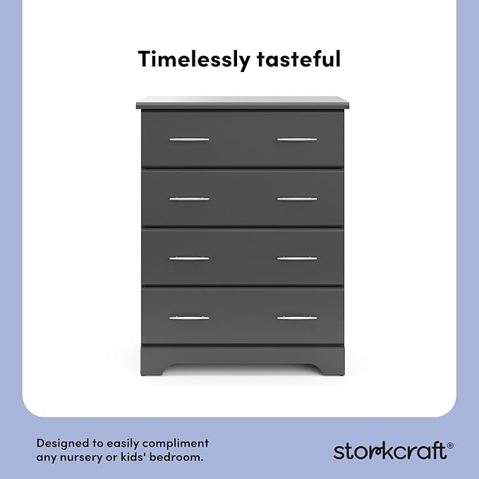 Storkcraft Brookside 4 Drawer Dresser (Gray) – GREENGUARD Gold Certified, Nursery Dresser for Kids Bedroom, Chest of Drawers