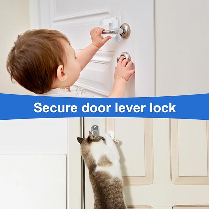 Baby Proof Door Handle Lock (2 Pack)– Double-Sided Activation, Door Lever Lock – Easy One-Hand Use, Durable ABS & 3M Adhesive