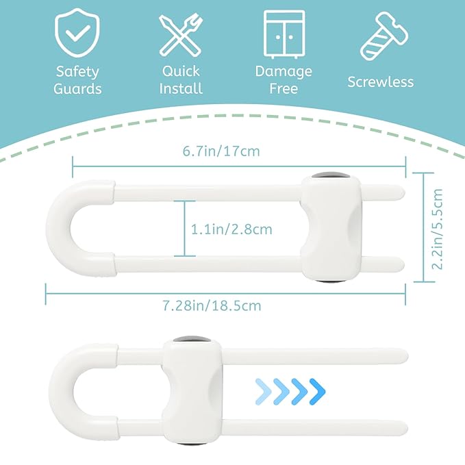 Baby Proofing Cabinets, Sliding Cabinet Locks for Babies, Adjustable U Shaped Baby Safety Locks, Childproof Cabinet Latch for Kitchen, Bathroom, Drawer, Cupboard Doors Knobs & Handles (2Pack White)
