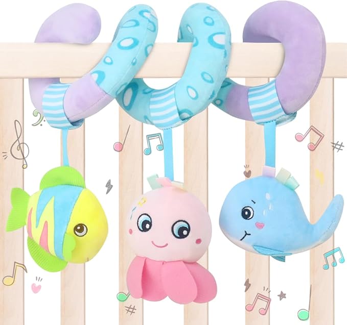 Caterbee Baby Stroller Toy, Activity Spiral Plush bar Toy Accessories, Car Seat Toys with Bell for boy or Girl 0 Months+ (Ocean)