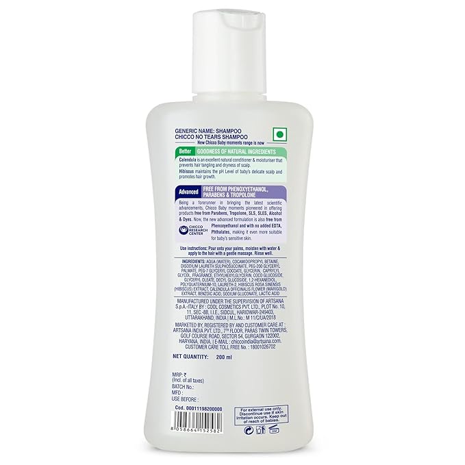 Chicco Baby Moments Shampoo for Babies, 200 ml, Calendula & Hibiscus, No Tears, Soft & Smooth Hair
