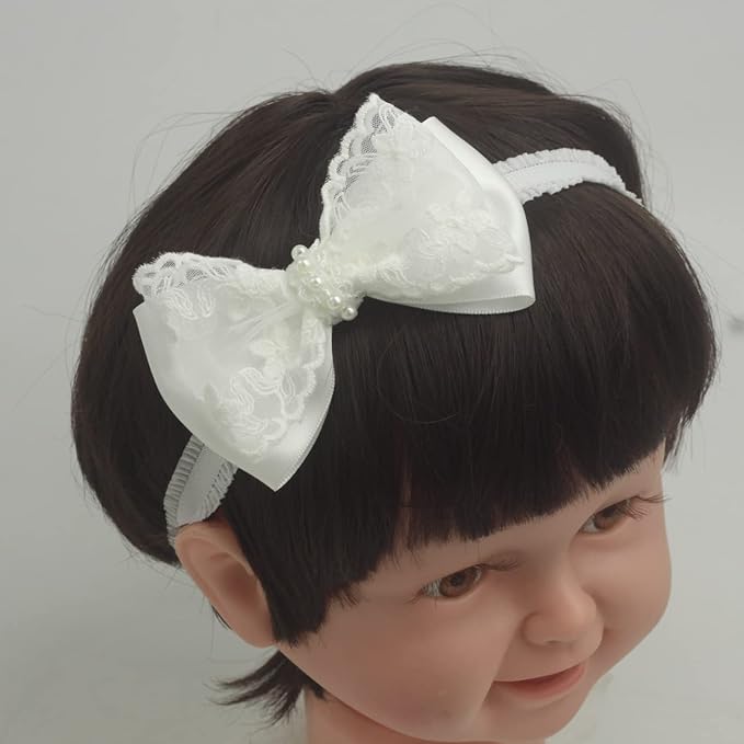 White Baby Bow Headband for Baptism Christening Satin Lace Hair Band with Cross for Toddler (Embroidery Lace +pearl white bow-3, 0-6 months)