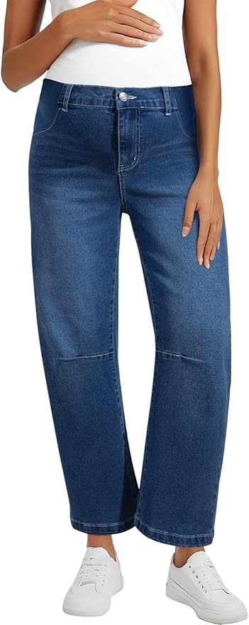 BLENCOT Women's Maternity Jeans Elastic Hight Waist Stretch Barrel Jeans Wide Leg Side Panel Pregnancy Denim Pants