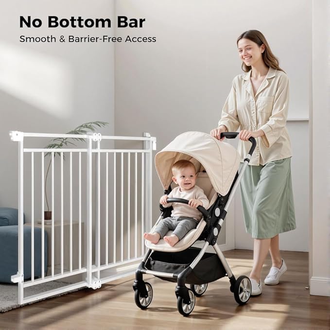 COMOMY 27.5-43" Baby Gate No Bottom Bar for Stairs and Doorways, 2-in-1 Auto Close Dog Gate Indoor for the House, Hardware Mounted Pet Gate with Large Walk Thru Door, Child Safety Gate for Dogs, White