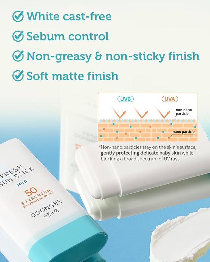 GOONGBE Sun Lotion SPF 40 & Sun Stick SPF 50-100% Zinc Oxide Mineral Sunscreen - No White Cast - Vegan Reef-Safe for Babies Kids Adults - Korean Skincare, 2.82oz & 0.49oz