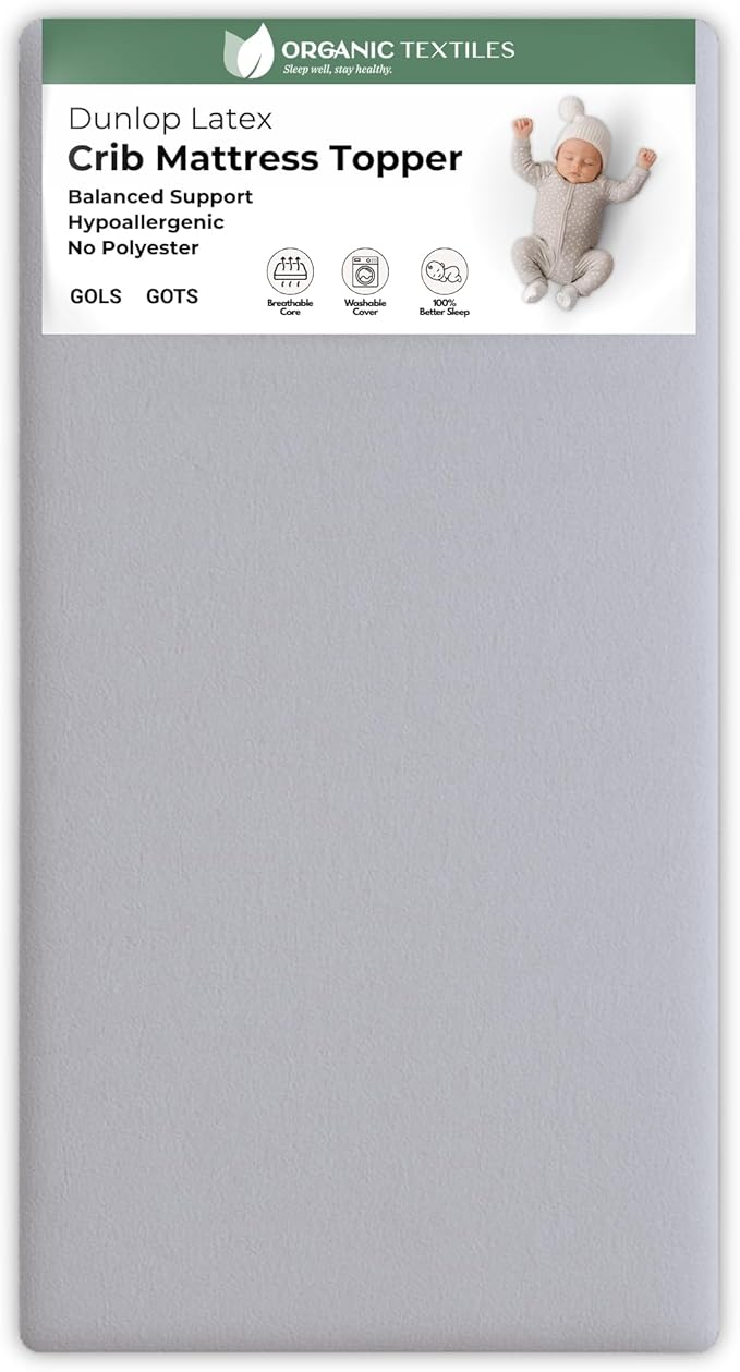 ORGANIC TEXTILES Organic Baby Mattress Topper with Heather Grey Removable Cover GOLS/GOTS Certified - Breathable - 2" Portable (36"x26")