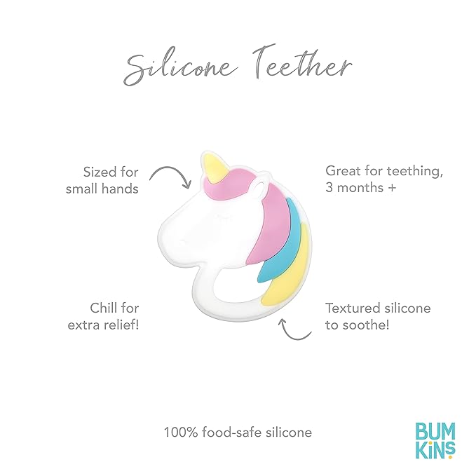 Bumkins Baby Teething Freezer Toy Keys Rings, Soft Flexible Silicone Pacifier, Safe to Chew, Cool Teether Gum Relief, Essentials for Babies 3 Months, Freezable, Sensory Textured, Unicorn