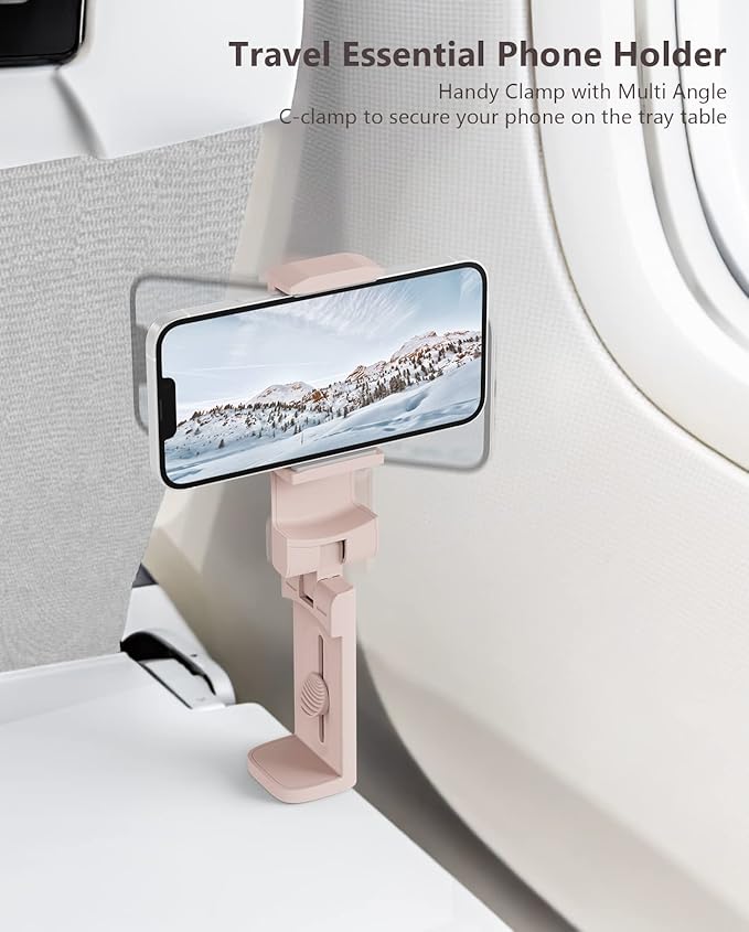 MiiKARE Travel Essentials Airplane Phone Holder, Universal Handsfree Phone Mount for Flying with 360 Degree Rotation, Travel Must Haves Phone Stand for Desk, Tray Table, Purple&Pink