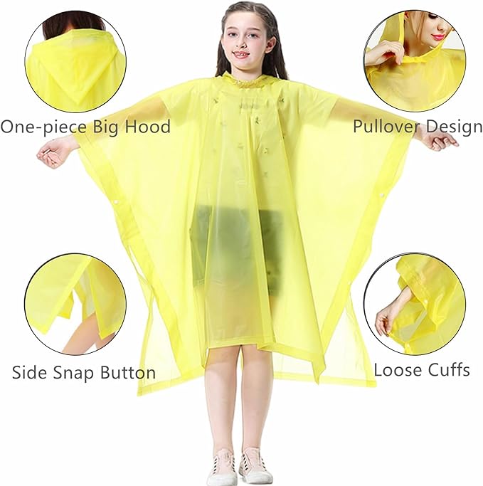 Rain Poncho for Kids (2 Pack), Reusable EVA Children Raincoat Ponchos Rain Jacket with Hood for 6-14 Girls Boys