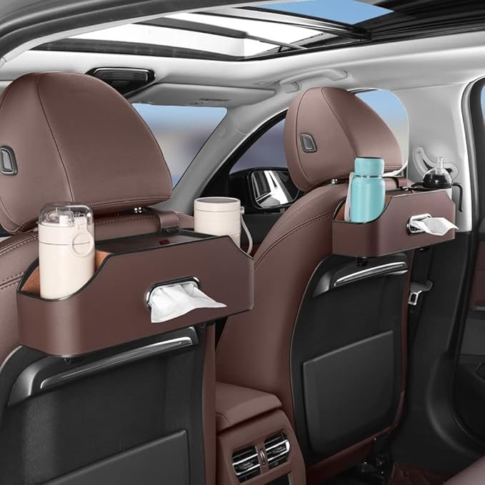 New car headrest Rear seat Multifunctional Storage Box, partition Design, with Cup Holder, Tissue Box, headrest Hook, Suitable for Children and Adults, car Travel Accessories（Coffee Color）