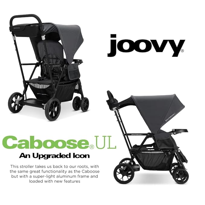 Joovy Caboose UL Sit and Stand Double Stroller with Bench Seat and Standing Platform, Plentiful Storage, Auto-Lock Quick-Fold, and Extended Sun Canopy, Jet