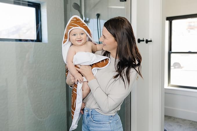 Mebie Baby Muslin Hooded Towel, Mustard Mudcloth, Cute Hooded Baby Bath Towel for Newborn, Infant & Toddler, Modern Baby Towels and Washcloths for Boy & Girl, Floral & Pattern Hooded Baby Towels