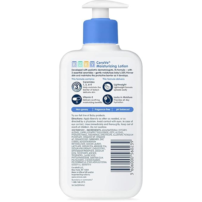 CeraVe Baby Lotion, Gentle Baby Skin Care with Ceramides, Niacinamide & Vitamin E, Fragrance, Paraben, Dye & Phthalates Free, Lightweight Moisturizer, 8 Ounce, Packaging May Vary
