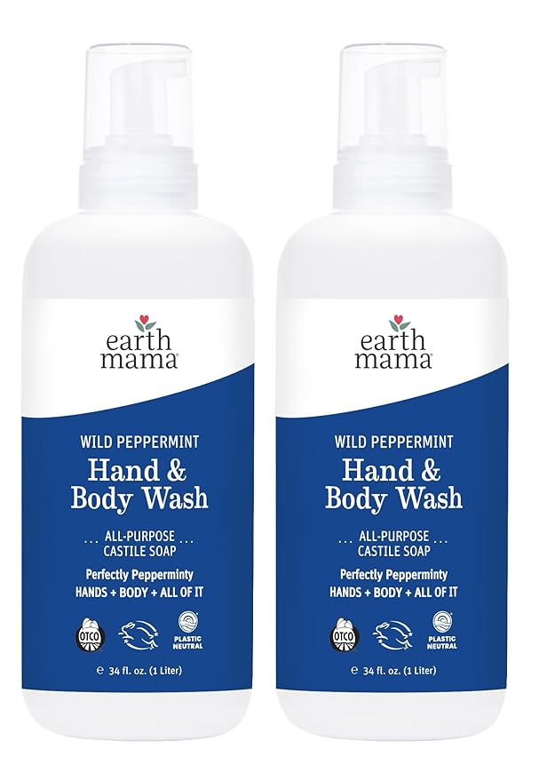 Earth Mama Wild Peppermint Hand & Body Wash | Foaming Castile Soap Liquid and Hand Soap, Made with Organic Wild Mint & Peppermint Oil, 34 fl oz (2-Pack)