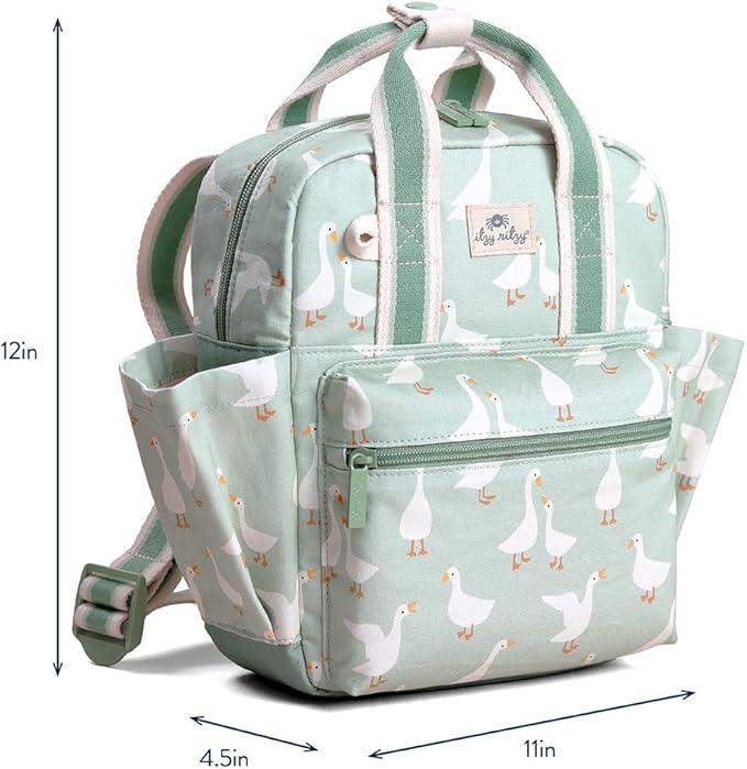 Itzy Ritzy Toddler Backpack - Daycare Bag - Features Adjustable Shoulder Straps, 2 Side Pockets & Spacious Interior with Wipeable Fabric Lining & Name Label, Goose