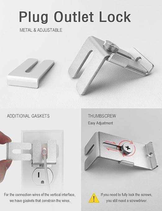 Charger to Wall, Adjustable Metal Security Device, Firmly Secures Power Plug from Unplugging, Silver, 1 Pack