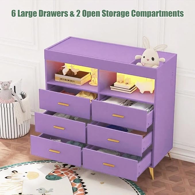 Baby Changing Table Dresser with 6 Drawers, Baby Nursery Dresser, LED Lights & Charging Station – Multifunctional Nursery Dresser with Removable Changing Top, Anti-Tip Design, Purple