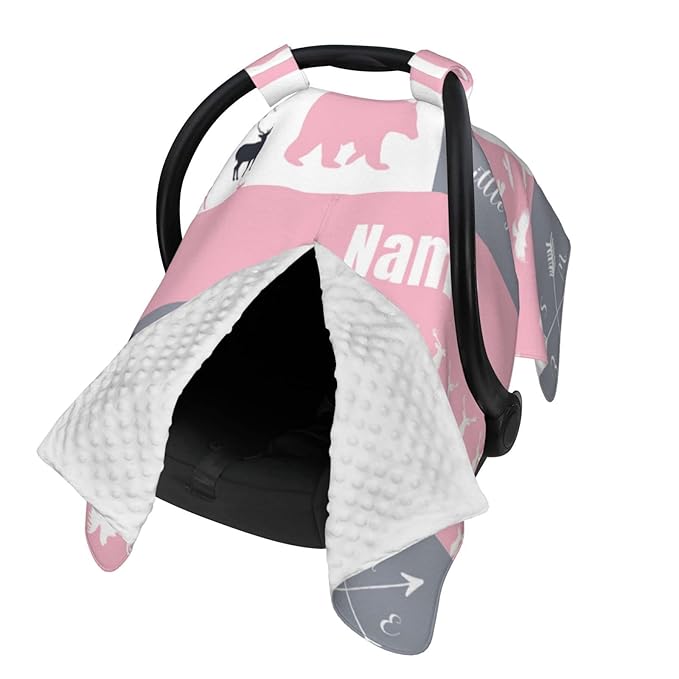 Personalized Woodland Deer Pink Baby Car Seat Canopy for Babies with Name, Custom Adventure Car Seat Covers for Girls, Opening Minky Nursing Breastfeeding Cover Infant Carseat Canopies for Newborn