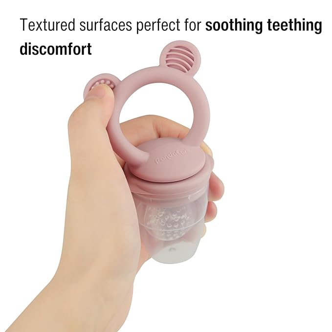 PandaEar 3 Pack Fruit & Food Feeder Pacifier, Silicone Feeder Pacifier with 3 Sizes Pouches (Pink/Linen)