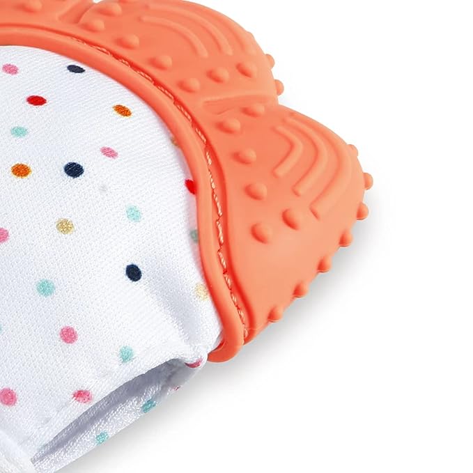 PandaEar Soothing Teething Mitten 2 Pack, Pain Relief, Protection Glove, Stimulating Teether (Orange Pink)