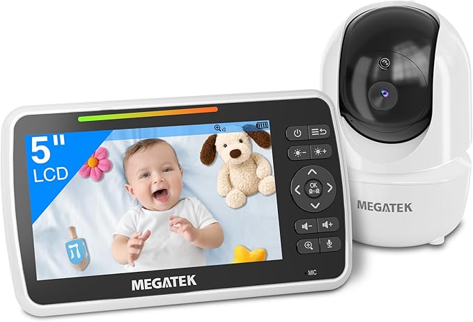 MEGATEK BabyView Video Baby Monitor with Camera and Audio, 5” Screen, Pan-Tilt-Zoom, No-WiFi 2.4GHz Wireless, 30-Hour Battery, Night Vision, 2-Way Talk, VOX, Lullabies, Timer, Temperature Alerts
