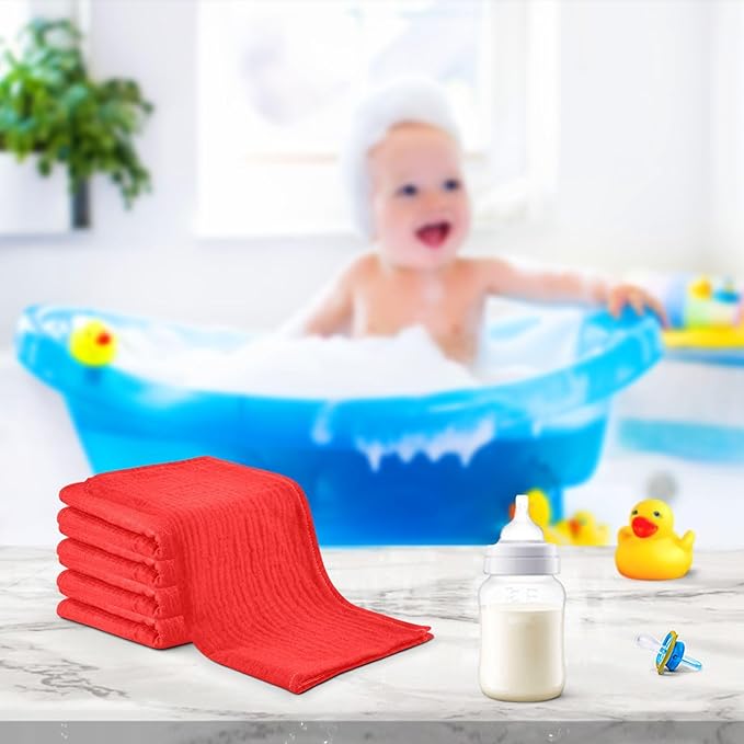 YETTASBIN Red Solid Color Muslin Baby Hand Washcloths, Soft Cotton Bath Face Towel, 4 Layers Extra Absorbent Feeding Burp Cloth for Newborn Infant Sensitive Skin, 5 Pack