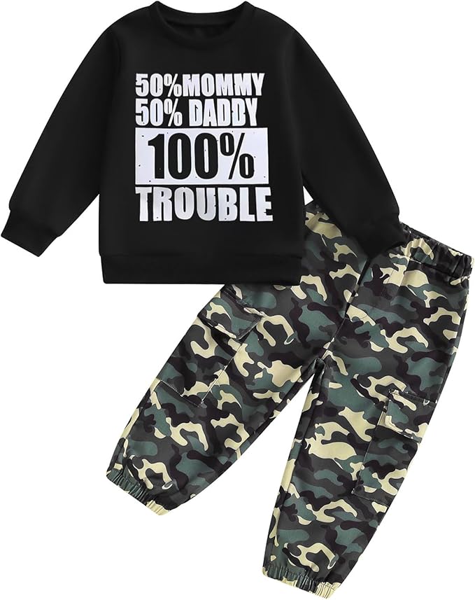 wdehow Toddler Kids Baby Boy Fall Outfits 1T 2T 3T 4T 5T Letter Print Long Sleeve Tops Camouflage Pants Winter Clothes Sets