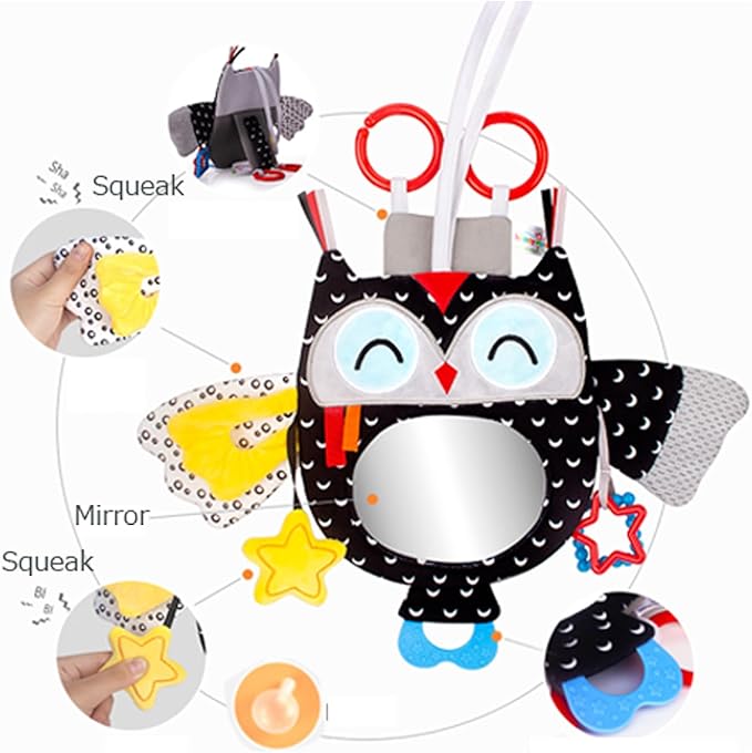 Caterbee Baby Black and White Toy with in-Sight Car Mirror for Hanging car seat, Stroller, Crib, High Contrast Baby Toys for Neborn Tummy time (White&Black)