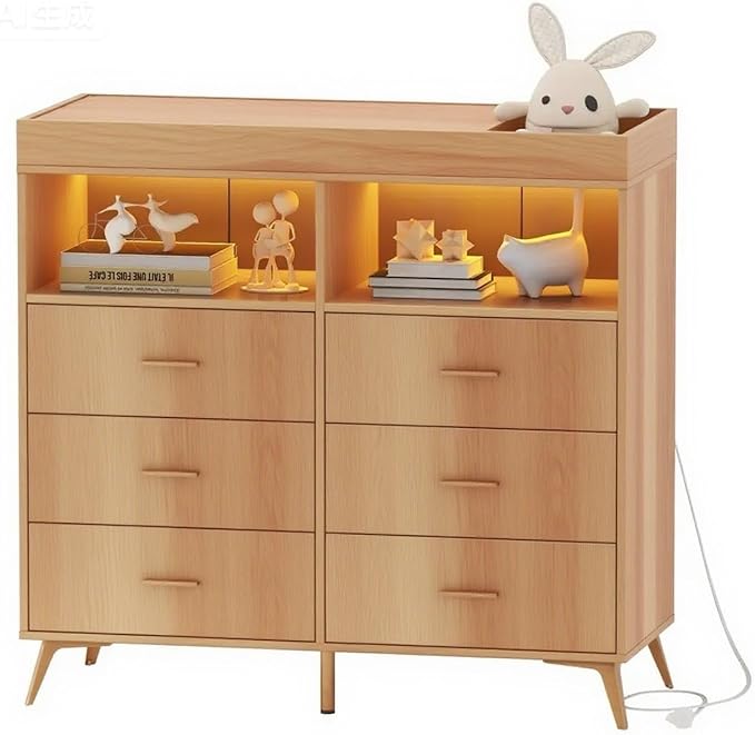 Baby Changing Table Dresser with 6 Drawers, Baby Nursery Dresser, LED Lights & Charging Station – Multifunctional Nursery Dresser with Removable Changing Top, Anti-Tip Design, Nature