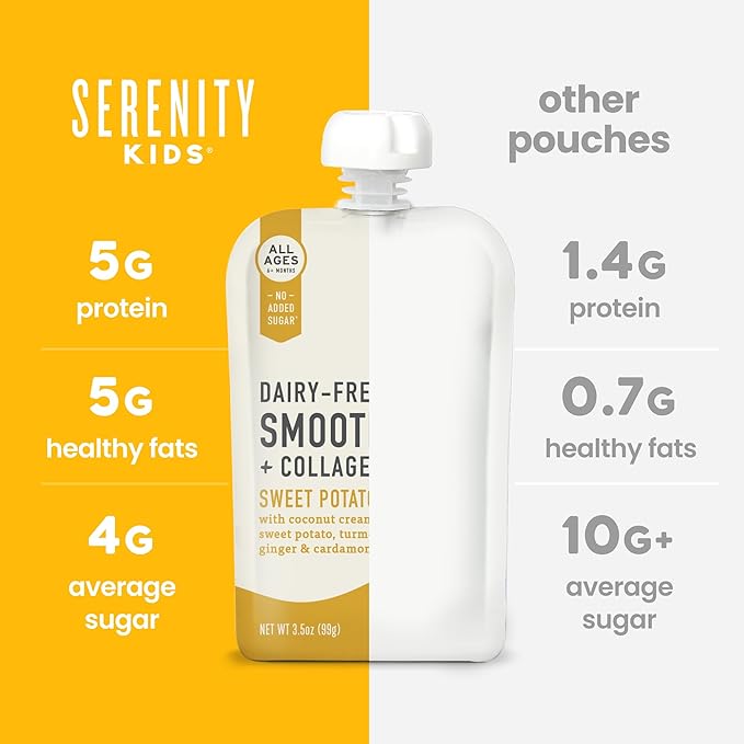 Serenity Kids 6+ Months Dairy-Free Smoothie Baby Food | USDA Organic | Grass Fed Collagen Protein | 3.5 Ounce BPA-Free Pouch | Sweet Potato Spice | 1 Count
