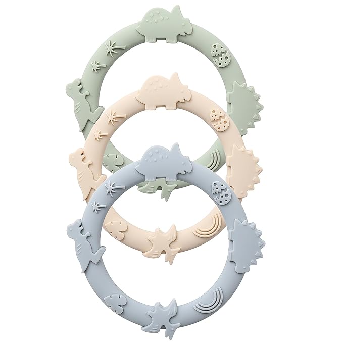 Silicone Teethers for Babies 0-6 6-12 Months Teething Toys for Infants Baby Chew Toys for Sucking Needs Baby Teething Rings for Infant Boys and Girls 3 Pack-Dinosaur-Blue