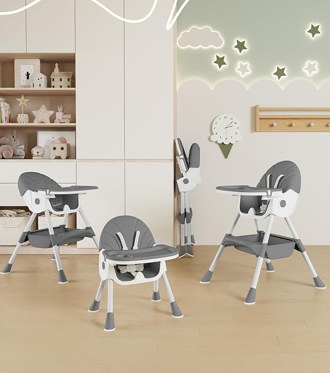 Baby High Chair, 5 in 1 High Chairs for Babies and Toddlers, Travel Foldable High Chair with Foot Rest, Detachable PU Cushion, Double Removable Tray, Adjustable Height & Recline