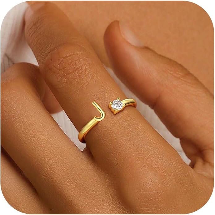 Valentines Day Gifts for Kids Teen Girls, 14K Gold Plated Adjustable Initial Rings for Women Teen Girl Trendy Stuff Birthday Valentines Day Gifts for Women Wife Mom Jewelry