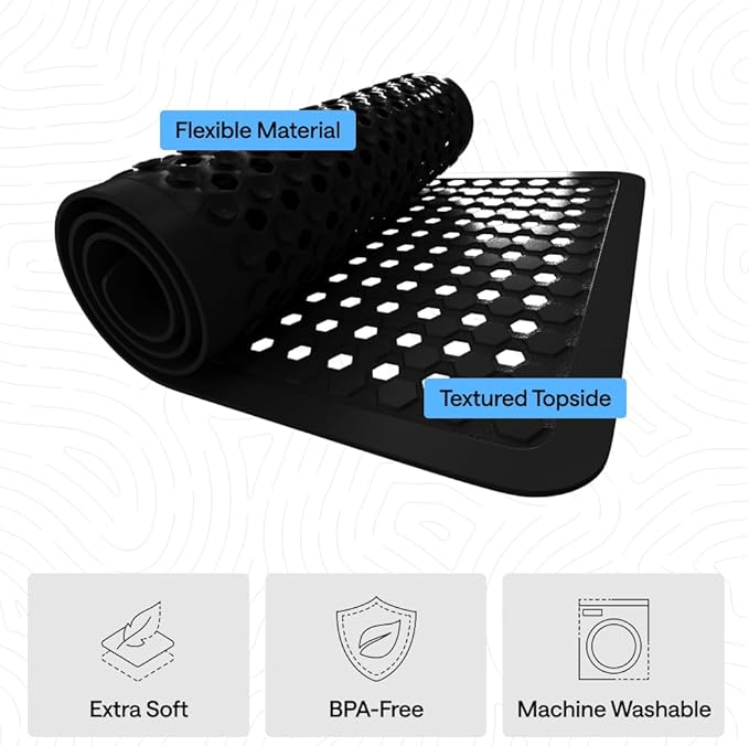 GORILLA GRIP Patented Bath Tub Shower Mat, Machine Washable Bathtub Floor Liner Mats, Suction Cups and Drain Holes to Keep Tubs Clean, Soft on Feet, Bathroom Essentials, 35x16 Inch, Black